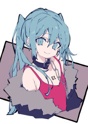 Rule 34 | 1girl, 3774., belt collar, black choker, black jacket, chain, choker, collar, cropped torso, green eyes, green hair, hatsune miku, highres, jacket, long hair, looking at viewer, off shoulder, red tank top, smile, solo, tank top, twintails, upper body, vocaloid, white background