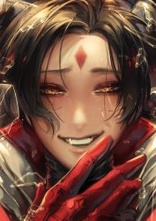 Rule 34 | 1boy, black hair, broken glass, eyelashes, facial mark, fang, fangs, glass, gloves, lips, lucifer (shall we date?: obey me!), open mouth, origarnic, popped collar, red eyes, red gloves, shall we date?: obey me!, short hair, smile, solo, teeth