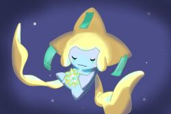 Rule 34 | 1other, closed eyes, closed mouth, colored skin, creatures (company), floating, full body, game freak, gen 3 pokemon, glowing, holding, jirachi, koma sk, legendary pokemon, mythical pokemon, nintendo, other focus, pokemon, pokemon (creature), purple background, simple background, small stellated dodecahedron, solo, u u, white skin