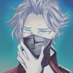 Rule 34 | absurdres, akudama drive, artist name, blue background, blue eyes, earrings, grey hair, hand up, highres, jewelry, looking at viewer, male focus, mask, master (akudama drive), messy hair, portrait, shinonny, solo, stud earrings, upper body