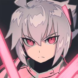 Rule 34 | armor, bad id, bad twitter id, black background, closed mouth, commentary request, copyright request, glowing, grey hair, hair between eyes, looking at viewer, male focus, pink eyes, portrait, reiesu (reis), serious, solo, sword, weapon