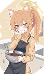 Rule 34 | 1girl, absurdres, animal ear fluff, animal ears, apron, black apron, blue archive, blue eyes, blush, chocolate, extra ears, fingernails, hair between eyes, halo, highres, indoors, long hair, long sleeves, looking at viewer, mari (blue archive), mixing bowl, orange hair, orange sweater, solo, sweater, warabi mochi (w4rabimochi), whisk, yellow halo