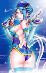 Rule 34 | 10s, 1girl, ass, backless outfit, bare shoulders, blue eyes, blue hair, blue rose (tiger &amp; bunny), breasts, cleavage, covered erect nipples, earrings, elbow gloves, gloves, gun, hat, highres, huge ass, jewelry, karina lyle, lipstick, makeup, matching hair/eyes, medium breasts, nipples, see-through, short hair, solo, superhero costume, take (draghignazzo), thighhighs, tiger &amp; bunny, transparent, weapon