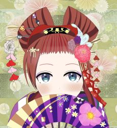 Rule 34 | 1girl, aion no uta (love live!), alternate hairstyle, aqua eyes, artist name, artist request, blue eyes, blush, bow, braid, breasts, brown hair, close-up, collarbone, crown braid, emma verde, female focus, floral print, flower, flower print, folding fan, freckles, hair between eyes, hair flower, hair ornament, hair stick, hairband, hand fan, highres, holding, holding fan, japanese clothes, kimono, long hair, long sleeves, looking at viewer, love live!, love live! nijigasaki high school idol club, love live! school idol festival, love live! school idol festival all stars, low twintails, obi, parted lips, pink flower, polka dot, polka dot bow, polka dot hairband, purple flower, red flower, red hair, red kimono, sash, short kimono, smile, solo, twintails, upper body, white flower, wide sleeves