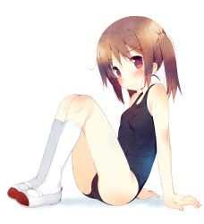 Rule 34 | 1girl, arm support, blush, brown hair, full body, hugging own legs, kneehighs, long hair, looking at viewer, meito (maze), one-piece swimsuit, original, purple eyes, school swimsuit, shoes, short hair, sitting, socks, solo, source request, swimsuit, twintails, uwabaki, white background, white socks