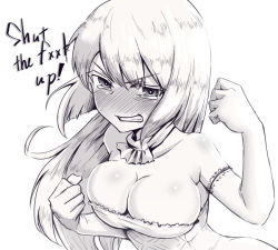 Rule 34 | 1girl, blush, breasts, cleavage, clenched teeth, dress, elbow gloves, english text, gloves, large breasts, liar lawyer, long hair, looking at viewer, marian e. carl, monochrome, noble witches, profanity, solo, strapless, strapless dress, strike witches, tears, teeth, world witches series