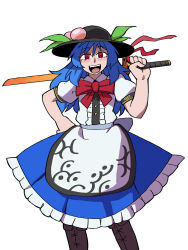 Rule 34 | 1girl, :d, absurdres, black headwear, blue hair, bow, bowtie, center frills, commentary, eddybird55555, english commentary, food, frills, fruit, hand on own hip, highres, hinanawi tenshi, holding, holding sword, holding weapon, leaf, long hair, looking at viewer, open mouth, peach, red bow, red bowtie, red eyes, ringed eyes, short sleeves, simple background, smile, solo, standing, sword, sword of hisou, touhou, weapon, white background