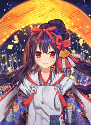 Rule 34 | 1girl, absurdres, black hair, blue flower, blue kimono, blue rose, bow, brown eyes, closed mouth, commentary request, copyright request, floral print, flower, hair between eyes, hair bow, hair flower, hair ornament, highres, japanese clothes, kimono, long hair, looking at viewer, md5 mismatch, miyu edelfelt (third ascension), multicolored eyes, print kimono, red bow, red eyes, resolution mismatch, rose, smile, solo, source smaller, upper body, very long hair, wang man