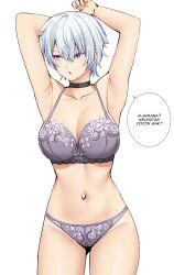 Rule 34 | 1girl, armpits, arms up, black choker, blue hair, bra, breasts, choker, cleavage, collarbone, commentary request, grey hair, groin, hair between eyes, highres, indonesian commentary, indonesian text, large breasts, midriff, multicolored hair, navel, open mouth, original, panties, purple bra, purple eyes, purple panties, short hair, sidelocks, solo, speech bubble, springveiv, standing, streaked hair, translated, underwear, upper body, v-shaped eyebrows, white background