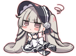 Rule 34 | 1girl, :i, azur lane, back bow, black dress, black headwear, blunt bangs, blush stickers, bonnet, bow, chibi, commentary request, detached sleeves, dress, earrings, flower, frilled dress, frills, full body, grey hair, hair flower, hair ornament, jewelry, little formidable (azur lane), long hair, looking at viewer, nejikirio, pout, rose, sidelocks, simple background, sitting, sleeveless, sleeveless dress, solo, squiggle, tearing up, twintails, two-tone dress, two-tone ribbon, very long hair, white background, white bow, white flower, white rose