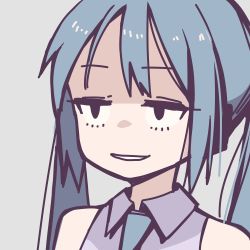 Rule 34 | 1girl, blue hair, grey background, hatsune miku, icon 315, necktie, simple background, sleeveless, smug, solo, twintails, upper body, vocaloid