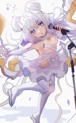 Rule 34 | + +, 1girl, ahoge, azur lane, blue eyes, blush, breasts, double bun, eighth note, hair bun, highres, holding, holding microphone, le malin (azur lane), le malin (muse) (azur lane), long hair, looking at viewer, microphone, musical note, official alternate costume, open mouth, panipo, pantyhose, small breasts, solo, tutu, very long hair, white background, white footwear, white hair, white pantyhose, wing hair ornament