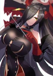 Rule 34 | 1girl, absurdres, azur lane, bare shoulders, conductor baton, black hair, breasts, friedrich der grosse (azur lane), gloves, hair over one eye, highres, horn ornament, horns, large breasts, long hair, mechanical horns, red gloves, red horns, see-through, solo, very long hair, yamaha tsui, yellow eyes
