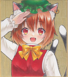 Rule 34 | 1girl, :d, animal ear fluff, animal ears, bow, cat ears, cat tail, chen, ear piercing, earrings, fang, green hat, hat, highres, jewelry, long sleeves, mob cap, multiple tails, nekomata, open mouth, piercing, red vest, shikishi, shirt, single earring, skin fang, smile, tail, tatami, touhou, traditional media, tsugumi (tky-fam), two tails, vest, white shirt
