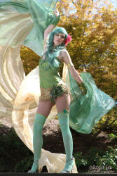 Rule 34 | 1girl, bare shoulders, cosplay, final fantasy, final fantasy iv, flower, garter straps, green hair, green thighhighs, hair flower, hair ornament, high heels, looking at viewer, outdoors, rydia (ff4), rydia (ff4) (cosplay), sandals, solo, standing, tagme, thighhighs, tree