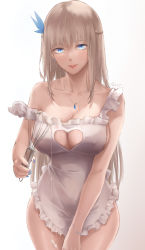Rule 34 | 1girl, apron, bad id, bad pixiv id, bare shoulders, blonde hair, blue eyes, blue nails, blush, braid, breasts, cleavage, closed mouth, clothing cutout, collarbone, commentary request, covered erect nipples, frilled apron, frills, hair ornament, heart cutout, highres, jewelry, large breasts, lexington (warship girls r), long hair, looking at viewer, mixing, nail polish, naked apron, necklace, platinum blonde hair, revision, rifu (643763873), simple background, solo, straight-on, strapless, warship girls r, whipping, white apron, white background