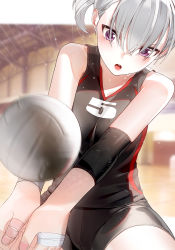 Rule 34 | 1girl, :o, ball, bandages, bare shoulders, black shirt, black shorts, blurry, blurry background, breasts, collarbone, commentary request, grey hair, hair between eyes, highres, indoors, kfr, medium breasts, original, outside border, playing sports, purple eyes, shirt, short hair, short shorts, shorts, side ponytail, sleeveless, sleeveless shirt, solo, sportswear, teeth, uniform, upper teeth only, volleyball, volleyball (object), volleyball uniform