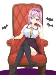 Rule 34 | 1girl, armchair, bat (animal), black thighhighs, blunt ends, blush, bob cut, braid, breasts, bright pupils, brown skirt, c:, chair, closed mouth, collared shirt, commentary request, crossed legs, eyes visible through hair, full body, green eyes, hair between eyes, hair ornament, hairclip, hand up, head rest, high-waist skirt, highres, jitome, large breasts, necktie, no shoes, on chair, pink hair, pleated skirt, school uniform, shirayamakoma, shirt, short hair, short necktie, short sleeves, side braid, simple background, sitting, skirt, smile, smug, solo, split mouth, straight hair, suspender skirt, suspenders, tanikaze amane, tenshi souzou re-boot!, thighhighs, tsurime, white background, white shirt, x hair ornament, yellow necktie