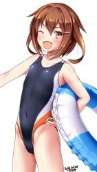 Rule 34 | 1girl, artist name, black one-piece swimsuit, blush, brown eyes, brown hair, collarbone, competition swimsuit, covered navel, dated, fang, flat chest, hair ornament, hairclip, highres, ikazuchi (kancolle), innertube, kantai collection, looking at viewer, one-piece swimsuit, one eye closed, open mouth, short hair, simple background, smile, solo, standing, swim ring, swimsuit, tsuchimiya, white background