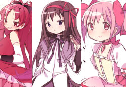 Rule 34 | 10s, 3girls, akemi homura, bare shoulders, black hair, blush, bow, bubble skirt, choker, detached sleeves, food, hair bow, hair ribbon, kaname madoka, long hair, looking at viewer, magical girl, mahou shoujo madoka magica, mahou shoujo madoka magica (anime), mouth hold, multiple girls, pink eyes, pink hair, pocky, ponytail, purple eyes, red eyes, red hair, red ribbon, ribbon, ruffling hair, rururu (make9205), sakura kyoko, short hair, short twintails, simple background, skirt, smile, twintails, white background
