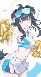 Rule 34 | 1girl, ?, animal ears, black hair, blue-tinted eyewear, blue archive, blue eyes, breasts, cleavage, commentary, crop top, detached collar, dog ears, dog girl, dog tail, eyewear on head, halo, halterneck, hibiki (blue archive), hibiki (cheer squad) (blue archive), highres, medium breasts, midriff, millennium cheerleader outfit (blue archive), navel, parted lips, pleated skirt, pom pom (cheerleading), safety glasses, short hair, short hair with long locks, sidelocks, simple background, skirt, solo, star (symbol), tail, tearing up, tinted eyewear, udon f, white background, yellow halo