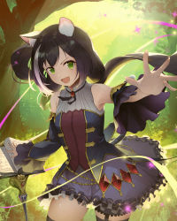 Rule 34 | 1girl, 385oo, :d, animal ear fluff, animal ears, bare shoulders, black hair, blue dress, blush, breasts, brooch, cat ears, cat girl, cat tail, commentary, detached sleeves, dress, fang, foreshortening, frilled dress, frills, grass, green eyes, highres, jewelry, karyl (princess connect!), long hair, looking at viewer, low twintails, multicolored hair, open mouth, outstretched arm, perspective, princess connect!, revision, sheet music, smile, solo, streaked hair, tail, thighhighs, tree, twintails, very long hair, white hair