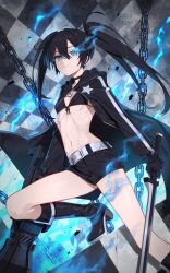 Rule 34 | 1girl, belt, bikini, bikini top only, black coat, black footwear, black hair, black rock shooter, black rock shooter (character), black shorts, blue eyes, blue fire, boots, bright pupils, chain, checkered ceiling, checkered floor, coat, commentary, fire, flaming eye, greenkohgen, highres, holding, holding sword, holding weapon, knee up, light frown, long hair, looking at viewer, navel, open clothes, open coat, ribs, scar, shorts, solo, standing, star (symbol), swimsuit, sword, twintails, very long hair, weapon, white belt, white pupils