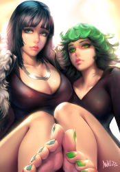 Rule 34 | 2girls, absurdres, artist name, black dress, black hair, blue eyes, blue nails, breasts, cleavage, closed mouth, commentary request, covered erect nipples, dress, expressionless, feet, foot focus, fubuki (one-punch man), green eyes, green hair, green nails, highres, jewelry, large breasts, lips, looking at viewer, medium breasts, mr h.l., multiple girls, nail polish, necklace, nose, one-punch man, short hair, siblings, signature, sisters, tatsumaki, toenail polish, toenails