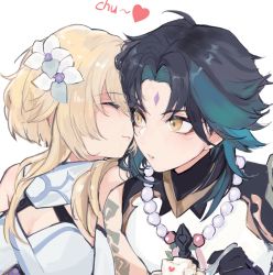 Rule 34 | 1boy, 1girl, arm tattoo, bead necklace, beads, black hair, blonde hair, blush, breasts, cleavage, closed eyes, dress, flower, food, genshin impact, gloves, gradient hair, hair flower, hair ornament, heart, hetero, highres, holding, holding spoon, jewelry, kakahua9991, kiss, kissing cheek, lumine (genshin impact), multicolored hair, necklace, parted lips, short hair with long locks, simple background, spoon, tattoo, tofu, upper body, white background, white dress, white flower, xiao (genshin impact), yellow eyes