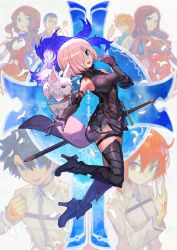 Rule 34 | 3boys, 4girls, :d, ahoge, armor, armpits, bare shoulders, black hair, blonde hair, blue eyes, blue hair, boots, breasts, brown hair, clenched hand, collared jacket, command spell, commentary request, fate/grand order, fate (series), fou (fate), fujimaru ritsuka (female), fujimaru ritsuka (male), gauntlets, gloves, gorget, greaves, hair between eyes, hair over one eye, hand up, high heel boots, high heels, highres, jacket, lack, leonardo da vinci (fate), leonardo da vinci (rider) (fate), long hair, looking at viewer, mash kyrielight, medium breasts, armored boots, multiple boys, multiple girls, one eye covered, open mouth, orange eyes, orange hair, pink hair, romani archaman, sherlock holmes (fate), short hair, smile, sword, thigh boots, thigh strap, thighhighs, underbust, waist cape, waving, weapon, white jacket, wing collar