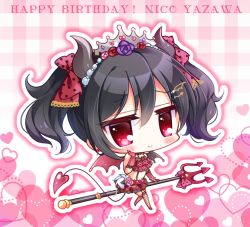 Rule 34 | 1girl, bare shoulders, big head, black hair, blush, bow, character name, chibi, closed mouth, commentary request, curled horns, demon girl, demon horns, demon tail, demon wings, elbow gloves, fishnet thighhighs, fishnets, floral print, flower, full body, gloves, grey wings, hair between eyes, hair bow, hair flower, hair ornament, hand up, happy birthday, heart, heart background, horns, looking at viewer, love live!, love live! school idol festival, love live! school idol project, midriff, navel, pink flower, pink gloves, pink rose, plaid, plaid background, pleated skirt, polearm, polka dot, polka dot bow, print skirt, purple flower, purple rose, red bow, red eyes, red flower, red rose, red skirt, rose, rose print, ryuuka sane, sidelocks, skirt, smile, solo, striped clothes, striped gloves, tail, thighhighs, tiara, trident, twintails, vertical-striped clothes, vertical-striped gloves, weapon, wings, yazawa nico