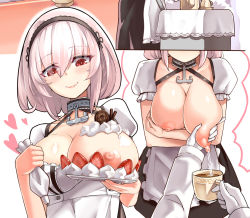 Rule 34 | 1boy, 1girl, anchor, anchor choker, apron, azur lane, blush, grabbing another&#039;s breast, breast hold, breast rest, breasts, breasts on tray, breasts out, carried breast rest, carrying, chocolate, choker, cleavage, closed mouth, collarbone, commander (azur lane), crossed arms, cup, food, food on body, food on breasts, fruit, gloves, grabbing, hair between eyes, hairband, heart, hm (hmongt), icing, lactating into container, lactation, large areolae, large breasts, maid, maid apron, military, military uniform, milking, naval uniform, nipples, one breast out, plate, red eyes, short hair, sidelocks, sirius (azur lane), smile, solo focus, strawberry, tea, teacup, uniform, whipped cream, white hair