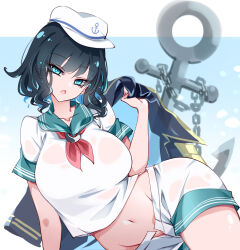 Rule 34 | 1girl, anchor, anchor symbol, breasts, highres, large breasts, murasa minamitsu, navel, raptor7, see-through, see-through shirt, see-through shorts, shirt, shorts, simple background, solo, touhou, white background