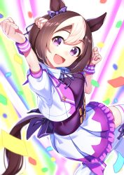 Rule 34 | 1girl, :d, absurdres, animal ears, arm up, bow, brown hair, clenched hands, crop top, ear bow, highres, horse ears, horse girl, horse tail, jacket, juliet sleeves, long sleeves, looking at viewer, looking to the side, multicolored hair, open mouth, puffy short sleeves, puffy sleeves, purple eyes, short hair, short sleeves, skirt, smile, solo, special week (umamusume), tail, thighhighs, tpicm, two-tone hair, umamusume, white hair, white jacket, white skirt, white thighhighs
