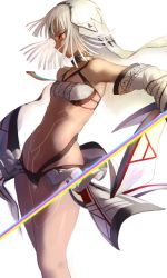 Rule 34 | 1girl, absurdres, altera (fate), bandeau, bare shoulders, dark skin, dark-skinned female, detached sleeves, fate/grand order, fate (series), highres, hojiro (piko519), holding, holding sword, holding weapon, long hair, midriff, navel, photon ray (fate), profile, red eyes, simple background, solo, stomach, sword, tattoo, veil, weapon, white background, white hair