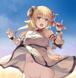 Rule 34 | 1girl, ahoge, animal ears, blonde hair, blush, breasts, clothes lift, dress, hair ornament, hairclip, hololive, horns, long hair, looking at viewer, microphone, nishii (damnedrive), no panties, open mouth, out-of-frame censoring, purple eyes, sheep girl, sheep horns, skirt, skirt lift, smile, solo, tsunomaki watame, tsunomaki watame (1st costume), virtual youtuber, white dress