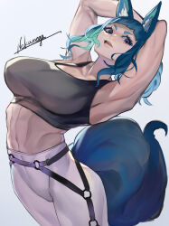 1girl absurdres animal_ears breasts green_eyes green_hair grey_tank_top highres looking_at_viewer muscular muscular_female nekumega original pantyhose parted_lips signature solo tail tank_top white_background white_pantyhose