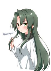 Rule 34 | 1girl, alternate costume, bad id, bad twitter id, black sweater, commentary request, from above, green eyes, green hair, hair down, hair intakes, holding, holding own hair, hoshino kagari, kantai collection, long hair, looking at viewer, one-hour drawing challenge, parted bangs, shirt, simple background, solo, sweater, twitter username, upper body, v-shaped eyebrows, white background, white shirt, zuikaku (kancolle)