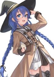 Rule 34 | 1girl, black ribbon, blue eyes, blue hair, boots, braid, brown cloak, capelet, cloak, dress, feet out of frame, flat chest, hair between eyes, hair ribbon, hand on headwear, hat, highres, knee boots, long bangs, long hair, looking at viewer, mushoku tensei, ribbon, roxy migurdia, smile, solo, syagare, teeth, thigh boots, twin braids, upper teeth only, white capelet, white dress, witch hat