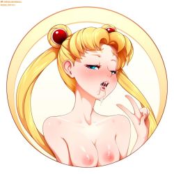 Rule 34 | 1girl, after fellatio, aftersex, artist name, bishoujo senshi sailor moon, blonde hair, blue eyes, blush, breasts, cleavage, collarbone, cum, cum in mouth, cumdrip, double bun, eyebrows, eyelashes, female focus, hair bun, hair intakes, hair ornament, half-closed eyes, lips, long hair, long twintails, looking at viewer, neocoill, nipples, nose, nude, open mouth, parted bangs, parted lips, sailor moon, saliva, shiny skin, simple background, small breasts, solo, twintails, uncensored, upper body, v, very long hair, watermark, web address, white background