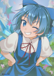 Rule 34 | 1girl, absurdres, amocibat, artist name, blue bow, blue dress, blue eyes, blue hair, blue sky, blush, bow, bowtie, buttons, cirno, closed mouth, cloud, cloudy sky, collar, collared shirt, commentary, dress, eyes visible through hair, grass, hair between eyes, hands on own hips, highres, ice, ice wings, looking at viewer, one eye closed, puffy short sleeves, puffy sleeves, red bow, red bowtie, shirt, short hair, short sleeves, sky, smile, solo, star (symbol), teeth, touhou, white shirt, wings