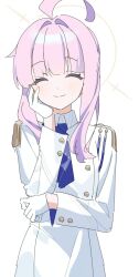 Rule 34 | 1girl, ahoge, blue archive, blue necktie, buttons, closed mouth, collared jacket, facing viewer, gloves, halo, hand on own face, highres, jacket, kaya (blue archive), light blush, long sleeves, medium hair, necktie, nekoln, pink hair, simple background, sketch, skirt, smile, solo, white background, white gloves, white jacket, white skirt