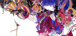 Rule 34 | 1boy, arm behind back, balloon, black gloves, blue hair, bouquet, card, commentary, dated commentary, ezu (e104mjd), flower, from side, gloves, hair over eyes, hand up, holding, holding bouquet, honkai: star rail, honkai (series), jacket, male focus, mask, pink flower, pink rose, puppeteering, red jacket, rose, sampo koski, smile, solo, tongue, tongue out