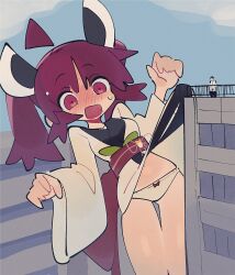 Rule 34 | 1boy, 1girl, accidental exposure, adpx, ahoge, blade, blue sky, blush, breasts, building, city, clothes lift, commentary, cowboy shot, detached ahoge, embarrassed, giant, giantess, headgear, highres, japanese clothes, kimono, leaning back, long sleeves, medium breasts, navel, nervous sweating, no pants, nose blush, obi, obijime, on roof, outdoors, panties, purple eyes, purple hair, railing, raised eyebrows, sash, short kimono, size difference, sky, solo focus, standing, surprised, sweat, touhoku kiritan, twintails, underwear, voiceroid, w arms, white kimono, white panties, wide sleeves