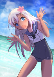 Rule 34 | 1girl, beach, black neckerchief, blonde hair, blue eyes, blue sailor collar, blue sky, cloud, commentary request, cowboy shot, crop top, day, flower, hair flower, hair ornament, highres, horizon, kantai collection, leaning to the side, lens flare, long hair, mikeneko (nicohatealpha), neckerchief, ocean, one-piece tan, outdoors, ro-500 (kancolle), sailor collar, school swimsuit, sky, solo, swimsuit, swimsuit under clothes, tan, tanline, waving