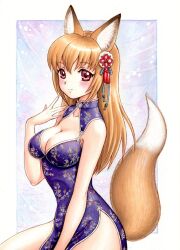 Rule 34 | 1girl, animal ears, blush, breasts, brown eyes, brown hair, china dress, chinese clothes, cleavage, cof2toto, dress, fox ears, fox girl, fox tail, hair ornament, looking at viewer, medium breasts, medium hair, original, solo, tail, traditional media