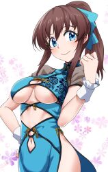 Rule 34 | 1girl, blue eyes, breasts, china dress, chinese clothes, cleavage, cleavage cutout, closed mouth, clothing cutout, dress, hand on own hip, highres, idolmaster, idolmaster million live!, medium breasts, navel, navel cutout, pelvic curtain, ponytail, run p (aveton), satake minako, short sleeves, side slit, sidelocks, smile, solo, standing, underboob, underboob cutout, wrist cuffs