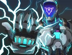 Rule 34 | 1boy, @kuro, animification, electricity, grey background, highres, humanoid robot, kay/o (valorant), looking ahead, open hand, piston, robot, science fiction, screen, solo, upper body, valorant