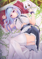 Rule 34 | 1girl, anchor choker, apron, azur lane, bare shoulders, black hairband, blush, breasts, button eyes, buttons, center frills, character doll, choker, closed mouth, clothing cutout, dido (azur lane), doll, dress, earrings, frilled apron, frilled choker, frills, hairband, heart, heart earrings, holding, holding doll, jewelry, lace-trimmed hairband, lace trim, large breasts, long hair, looking at viewer, lying, maid, maid apron, on bed, on side, plant, purple eyes, silver hair, sleeveless, smile, solo, thighhighs, tomosuke, underboob, underboob cutout, waist apron, white apron, white thighhighs