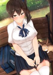 Rule 34 | 1girl, alternate costume, bench, blouse, blue bow, blue bowtie, blue skirt, blush, bow, bowtie, breasts, brown eyes, brown hair, chiyo (pk19981234), kaga (kancolle), kantai collection, large breasts, looking at viewer, medium hair, miniskirt, on bench, outdoors, park bench, pleated skirt, rabbit, school uniform, shirt, short sleeves, side ponytail, sitting, skirt, solo, thighhighs, white shirt, white thighhighs